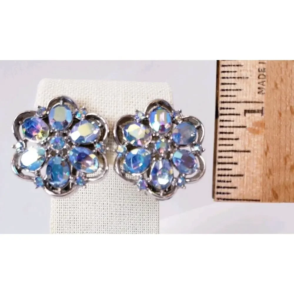 VTG Crown Trifari Aurora Borealis AB Rhinestone Silver Tone Flower Clip Earrings